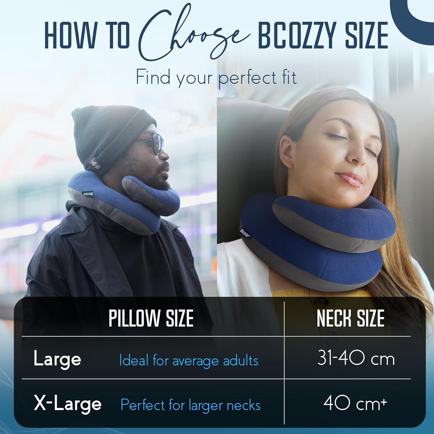 BCOZZY Travel Neck Pillow for Airplane – Patented Double Support for Head, Neck, and Chin. Best for Long Flights, Plane Sleeping, and Car Rides. Adjustable Size. Fully Washable. Carry Bag. Large, Gray