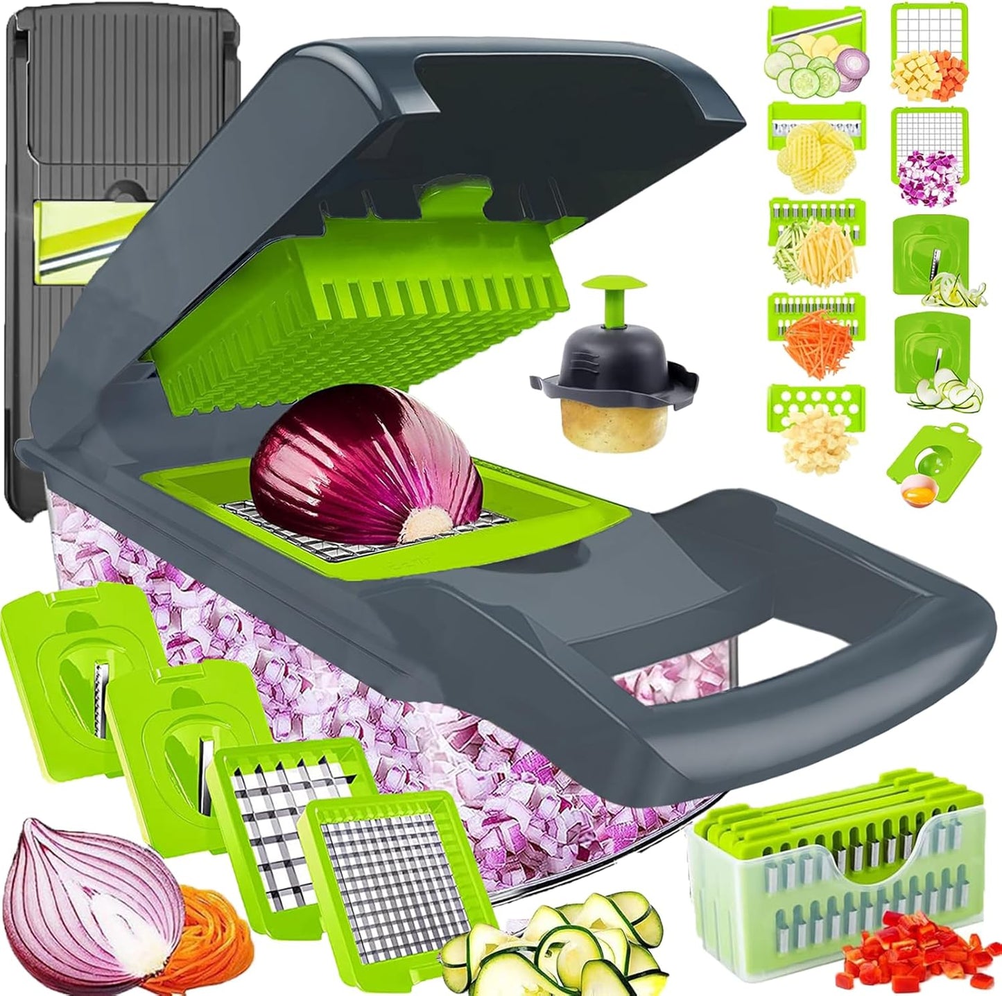 Vegetable Chopper Dicer with Container | Cheese Grater Mandoline Slicer Cabbage Shredder French Fry Cutter Stainless Steel for Veggie Onion Potato Fruit Food, Manual Hand Cooking Gadget for Kitchen