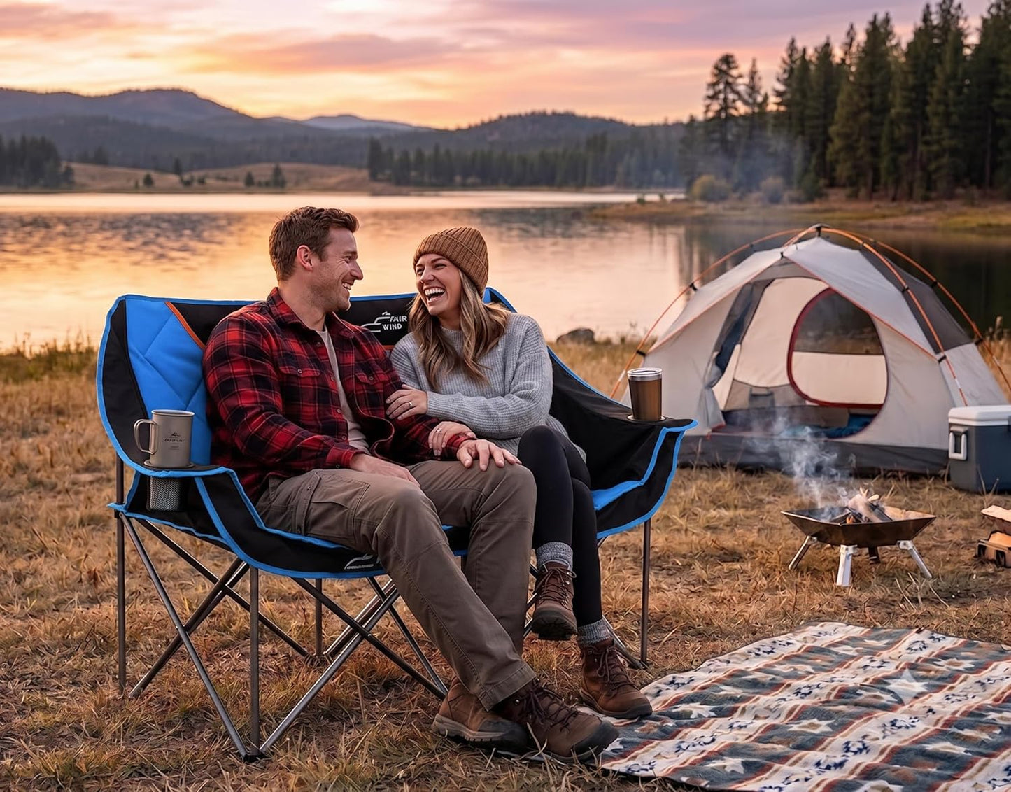 FAIR WIND Oversized Fully Padded Camping Chair Folding Loveseat Camping Couch Double Duo Chair Heavy Duty Quad Fold Arm Chair with Cup Hold - Supports 650 LBS Blue