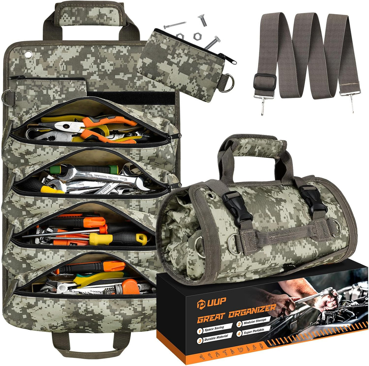 Tool Roll Bag Heavy Duty Tool Bag Gifts for Men Dad Mechanic, Blue Orange