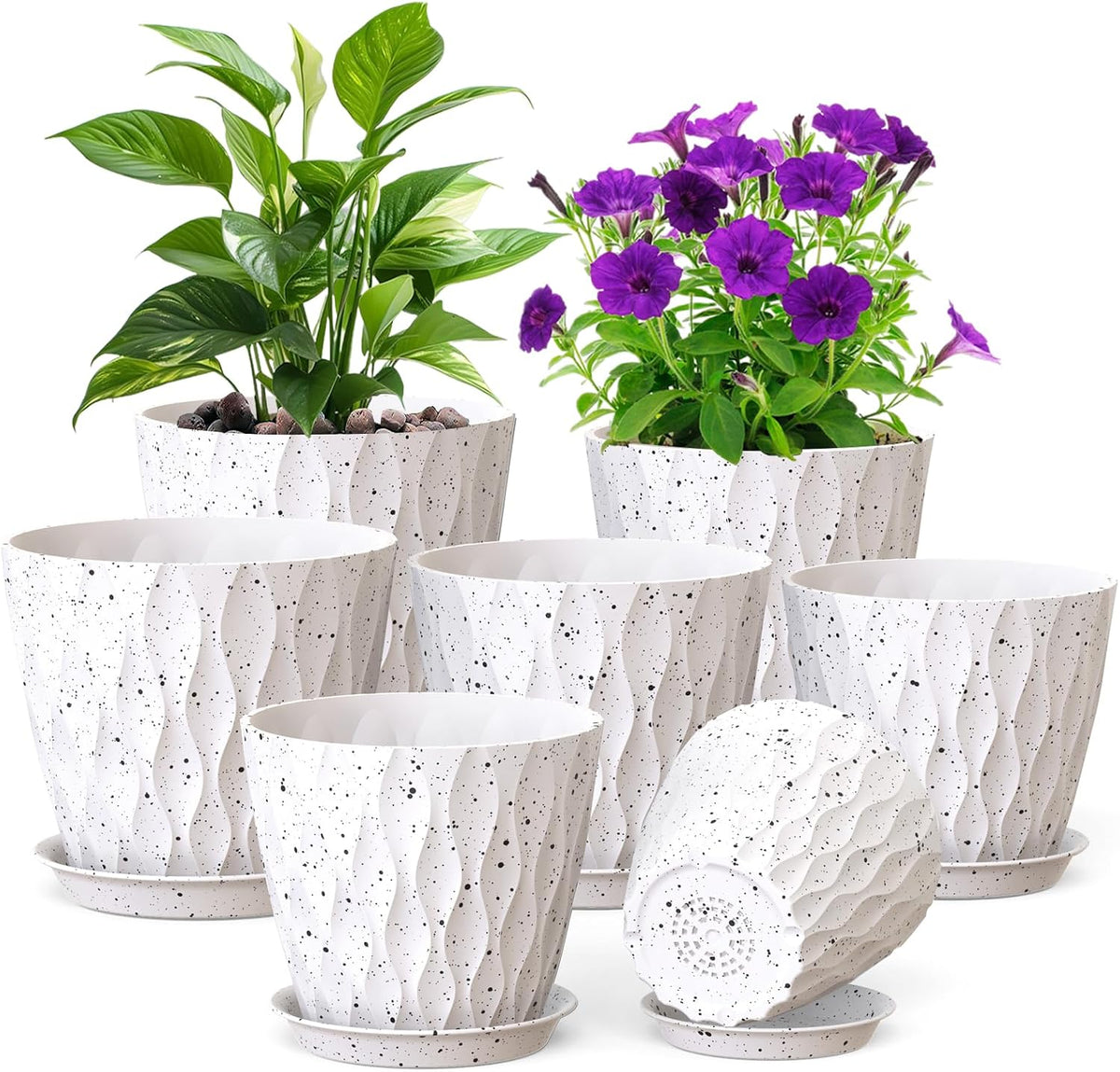 Meowell 6 inch Plant Pots, 5Pack Water Ripple Flower Pots for Indoor Outdoor Plants, Plastic Planters with Drainage Holes and Saucers, Nursery Pots for Small Succulent Garden House Plants, Multicolor