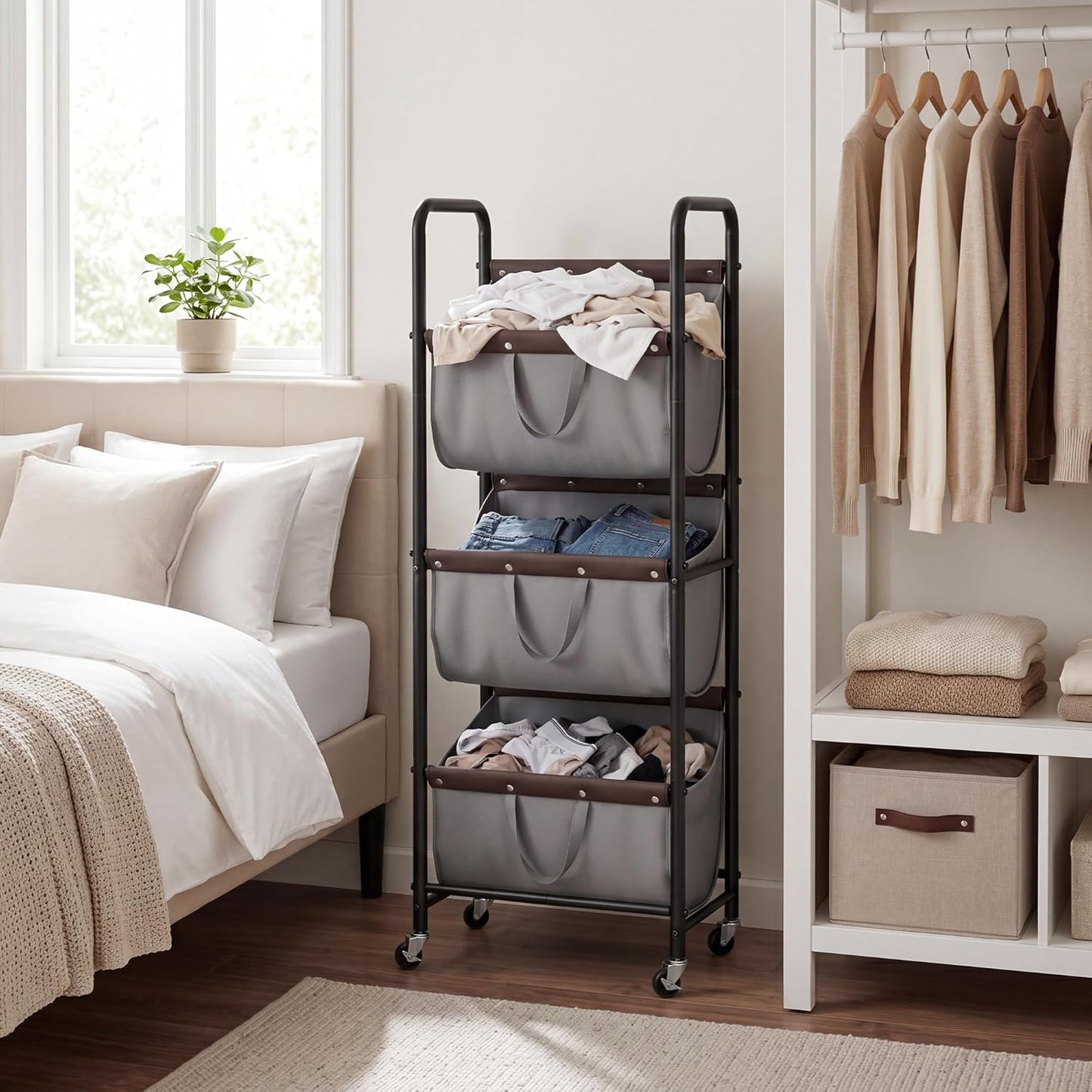 GRANNY SAYS 3 Section Tiered Laundry Sorter, Slim Vertical Laundry Hamper with Wheels, Narrow Rolling Laundry Cart with Removable Bags for Laundry Room, Bathroom, Closet, Dorm, Grey