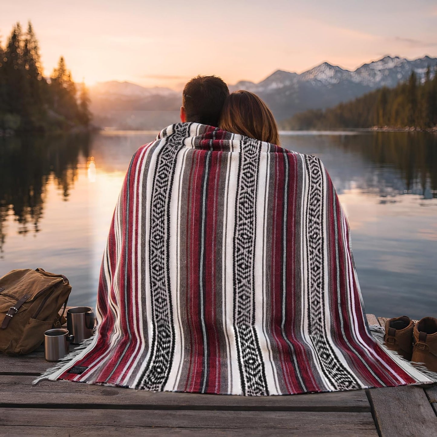 Mexican Blanket (Authentic Handmade Falsa) - Durable, Lightweight Baja Indian Blanket for Yoga, Beach, Camping, Picnic, Car/Truck, Outdoor Mexican Throw, Baja Saddle Blanket, 70"x50", Cherry