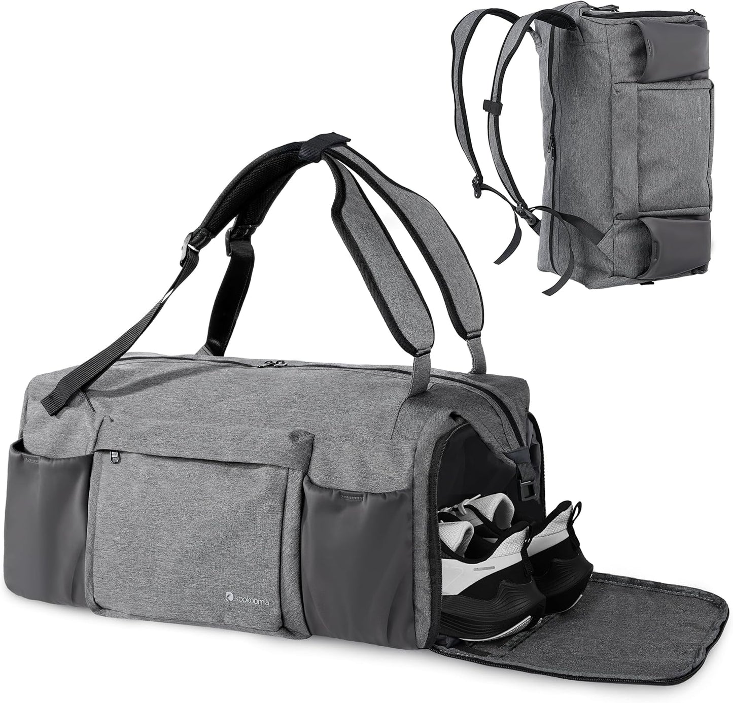 Gym Bag for Men with Shoes Compartment and Wet Pocket Convertible Duffle Bag and Gym Backpack Waterproof Sports Bag with 2 Bottle Holders Weekender Overnight Bag - Black&Grey