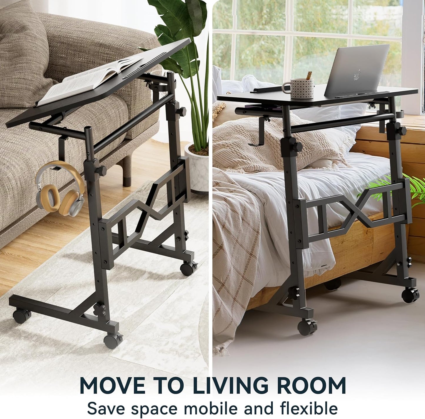 Oransail Small Standing Desk with Wheels, 29.5-45.3 Inch Adjustable Height, Portable Treadmill Desk, Rolling Computer Table for Walking Pad with a Cup Holder and a Hook