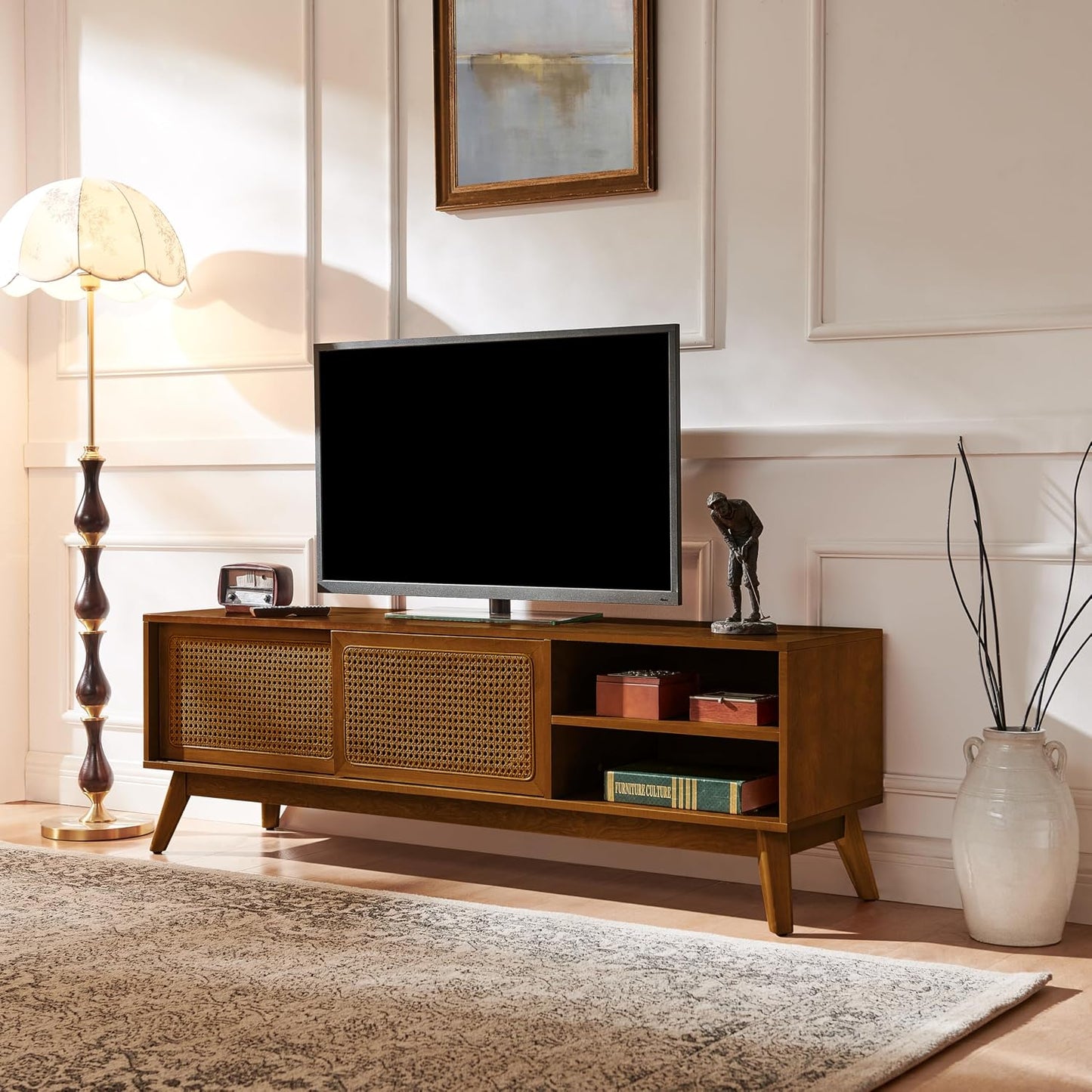 LKTART 59" Mid Century Modern TV Stand,Rattan Media Console for Living Room