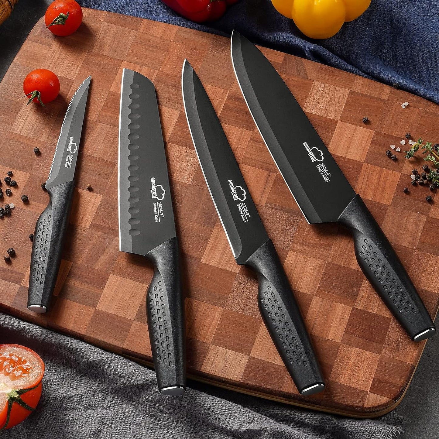 Knife Set, 15 Pieces Kitchen Knife Set with Block Built in Sharpener, Dishwasher Safe, German Stainless Steel Knife Block Set, Elegant Black