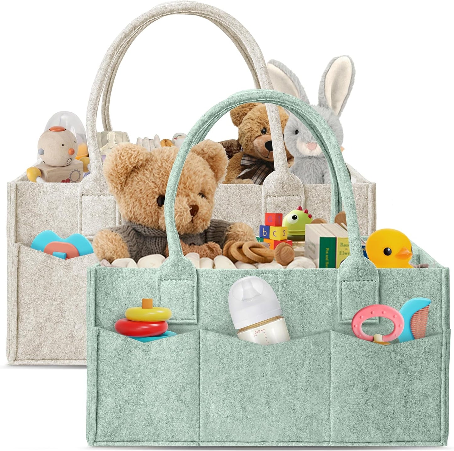 HIPHOP PANDA 2-Pack Diaper Caddy Organizer - Nursery Storage Bin & Car Organizer for Diapers, Wipes, and Baby Essentials - Dual-Color Solid Set (Grey/Green), Regular Size