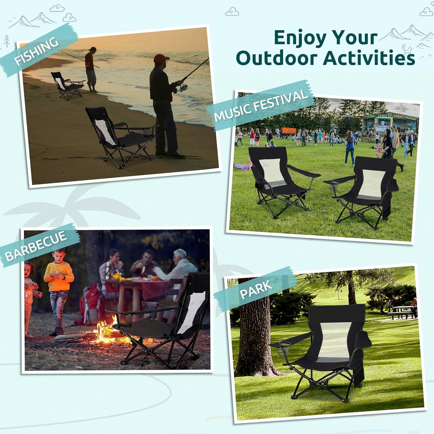 HaSteeL Folding Beach Chair Set of 2, Foldable Black Camping Chairs for Outside, Low Beach Chair Portable for Adults Fishing, Picnic, Outdoor BBQ, Travel, Sports, Cup Holder & Storage Bag