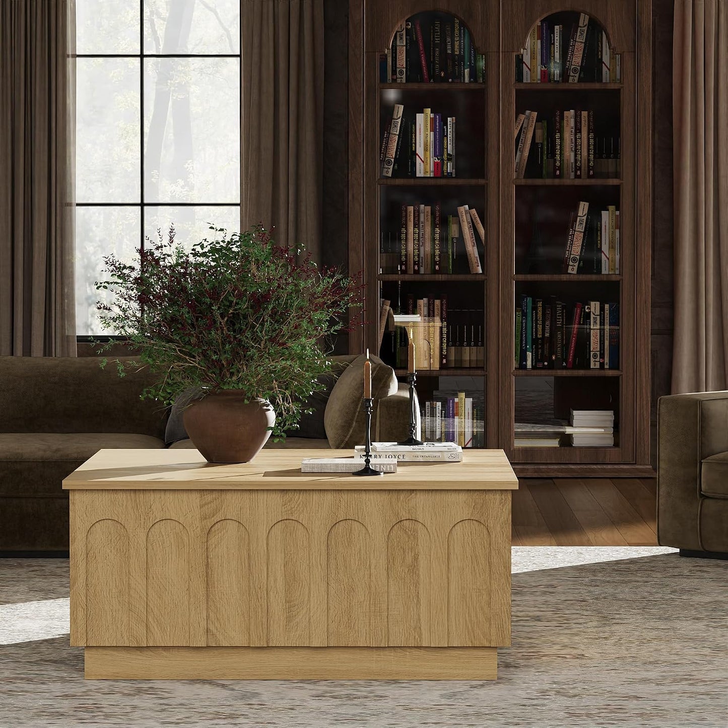 FORTUNETEC 31.5" Lift Top Coffee Table with Storage, Arched Design, Oak | Modern Coffee Table, Square Tea Table, Boho Multifunctional Center Table, Wood Grain Texture, Living Room, Office