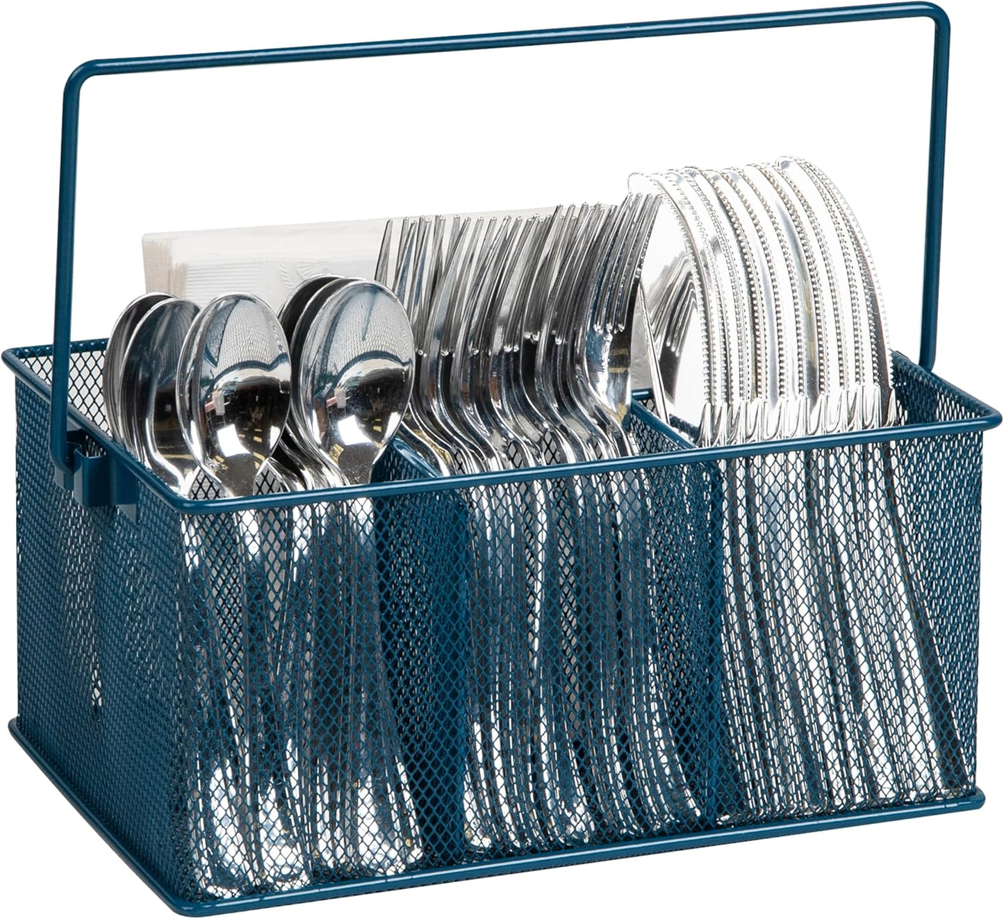 Mind Reader Multi-purpose Storage Caddy with Handle, Desktop Organizer, Cutlery Holder, 4 Compartments, Metal Mesh, Black