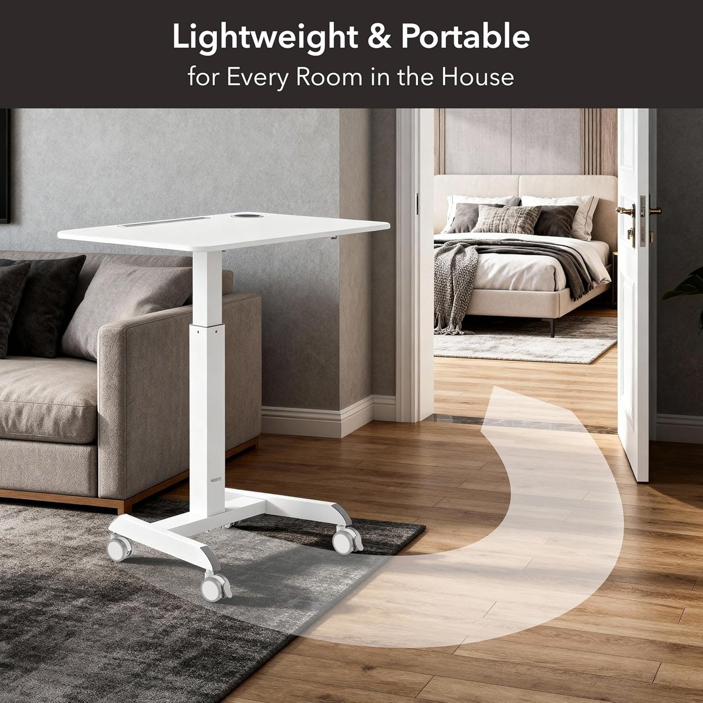 Mount-It! Laptop Cart Rolling Desk Adjustable Height with 28.5" x 22" Tabletop, Ergonomic Sit-Stand Workstation on Wheels Portable for Home Office, Dorm, Classroom, White