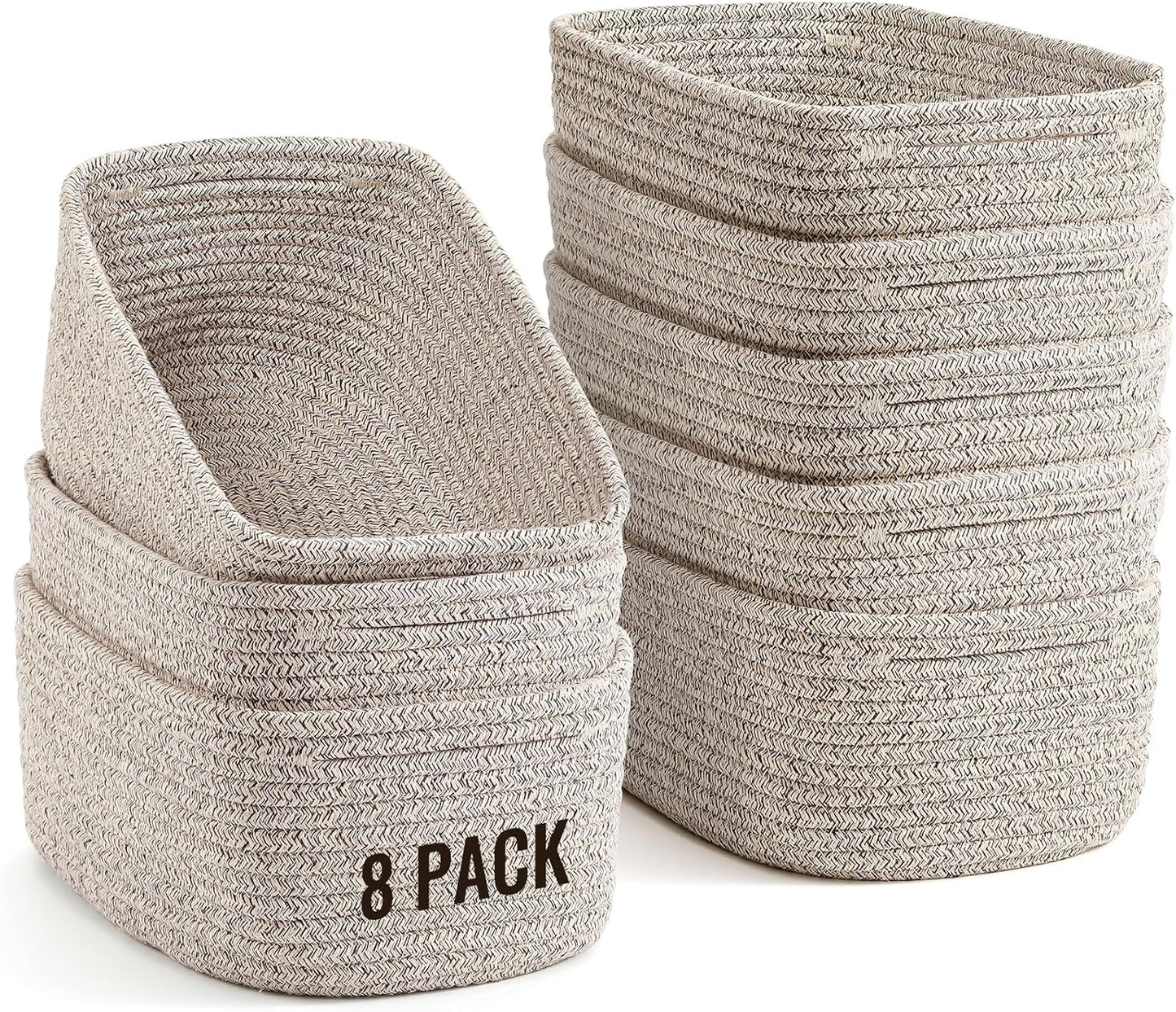 8 Pack Small Storage Baskets for Organizing, Woven Rope Bins for Bathroom, Closet, Shelf Organizer, Cute Cube Decorative Box for Towels, Baby Nursery, Toys, Gift Empty Baskets - 11.5"x7.5"x4.7"-White