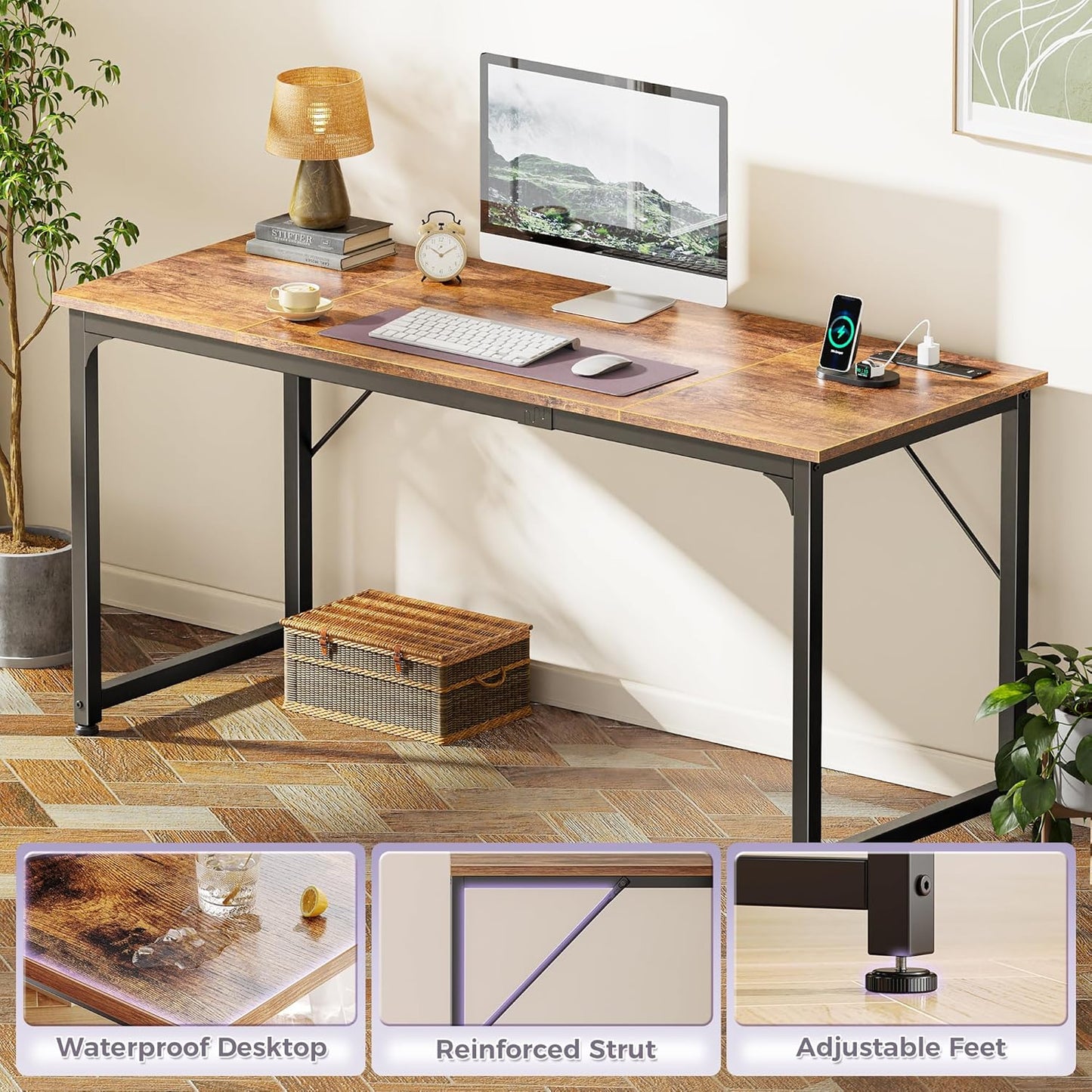 PRAISUN 63 X 24 Inch Office Computer Desk with Power Outlets and USB-C Port, Larger and Longer Gaming Desk, for Home Office, Study, Writing Work from Home Table, Metal Frame, White
