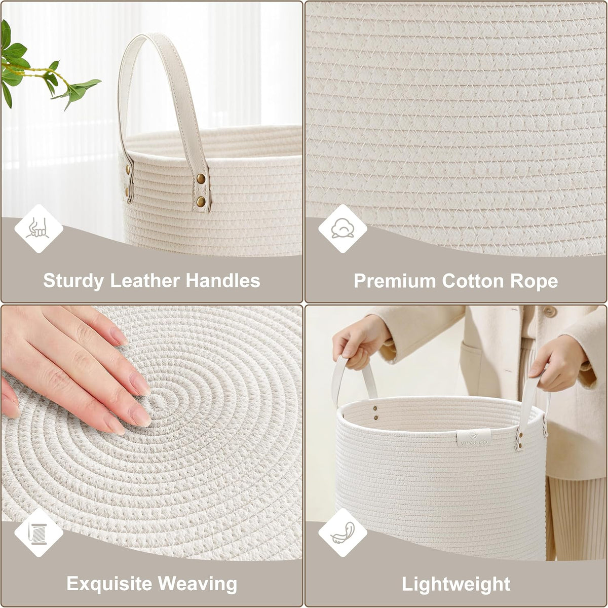 VIPOSCO 53L Tall Woven Rope Laundry Hamper, Leather Handles, White