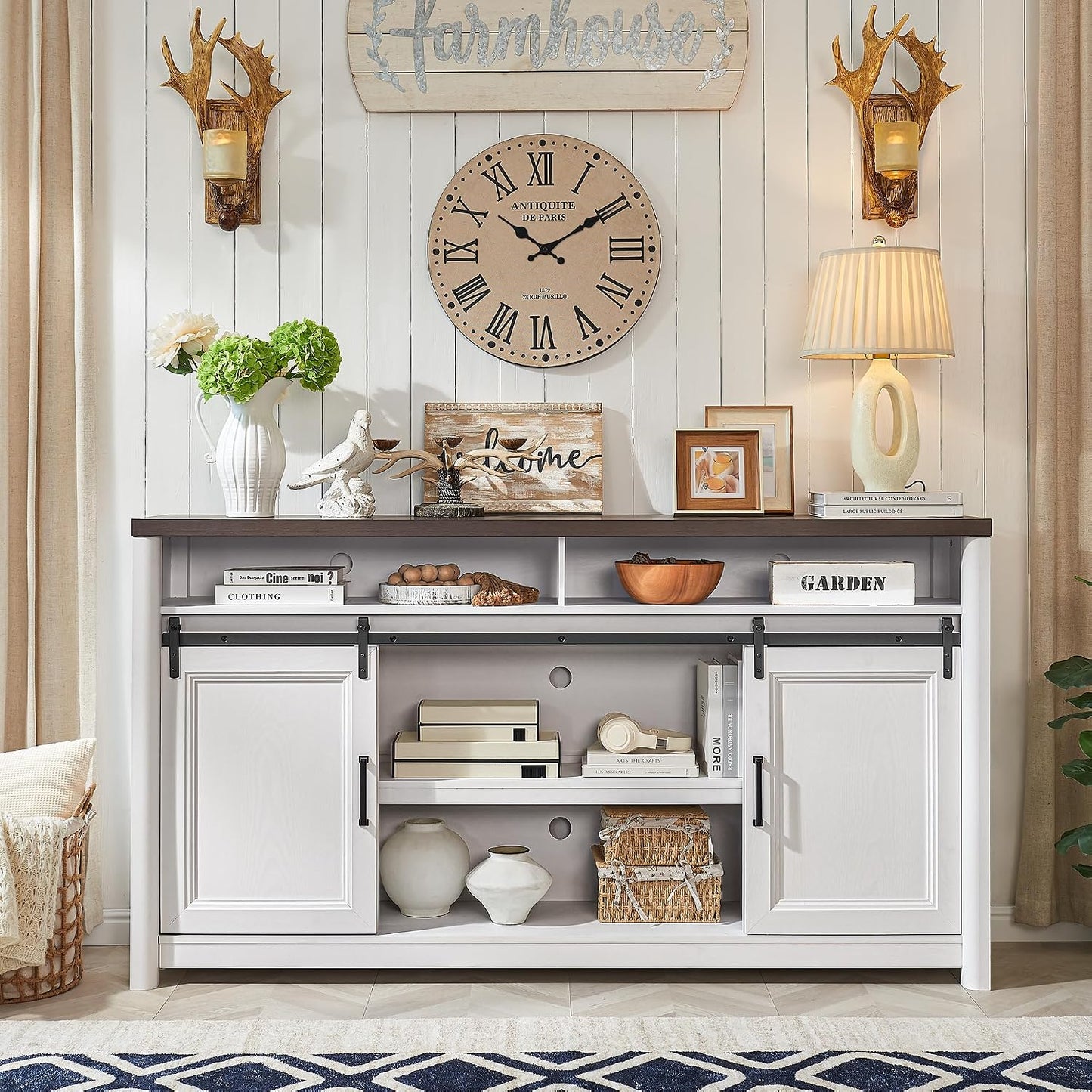 Rustic Farmhouse TV Stand for 80 Inch TVs, Large Entertainment Center with Storage, TV Console for Bedroom Living Room, Media Console Cabinet with Sliding Barn Doors, 70 Inch Wide, White & Walnut