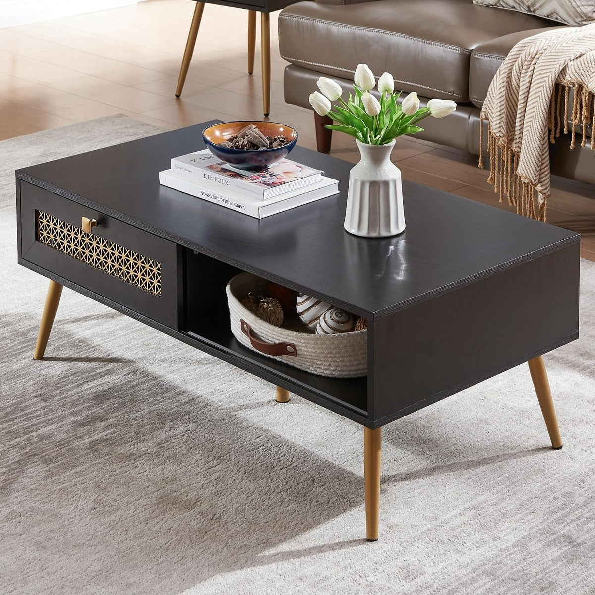 Wooden Mid Century Modern Coffee Table, Retangle Accent Center Table with Two Drawers, Coffee Tables for Living Room, White