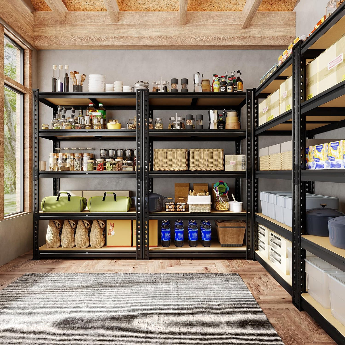 DurayLoly 72.12" H Garage Shelving, Storage Shelves Load 2100LBS, 5-Tier Adjustable Shelving Unit with Thickened Wooden Boards for Multiple Scenarios, 72.12" H x 35.55" W x 11.85" D, Black, 4 Pack