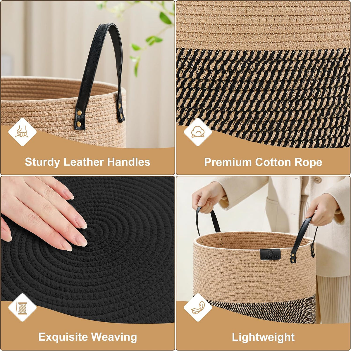 VIPOSCO 72L Tall Woven Rope Laundry Hamper, Leather Handles, Brown & Black