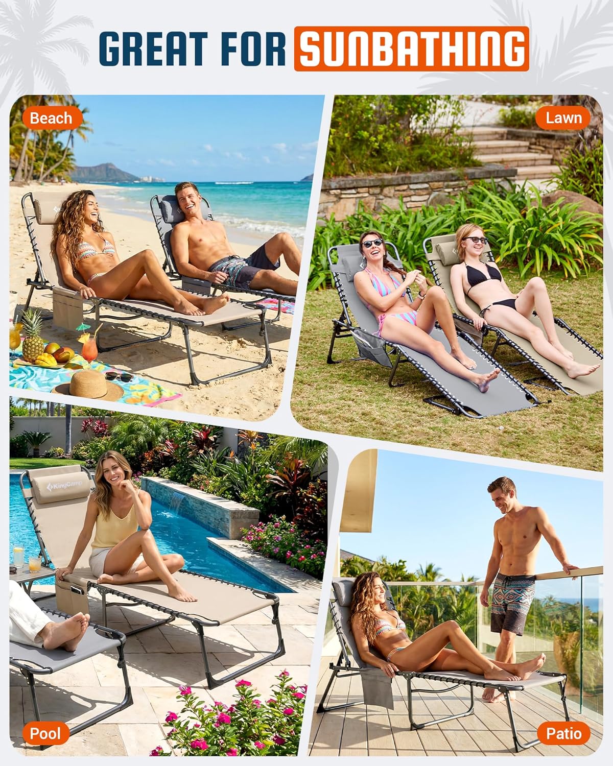 KingCamp Lounge Chair Outdoor,400LBS Tanning Chairs for Outside,Adjustable 5-Position Patio Lounge Chair Sunbathing Chase Lounge Chair Outdoor for Outside Beach Patio Sun Bathing Pool Backyard