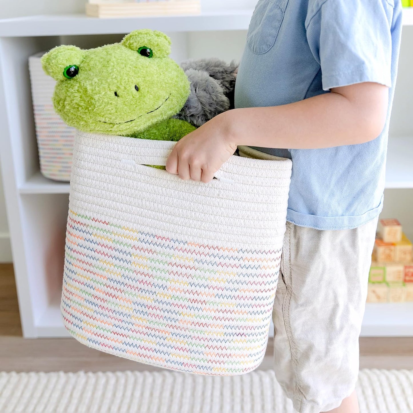 NaturalCozy 13 Inch Cube Storage Bins Cotton Rope Woven Baskets for Organizing 3-Pack | 13 x 13 Storage Cubes | Fabric Square Storage Baskets for Shelves Organizer, Kids Toy Bins, Closet Baby Nursery