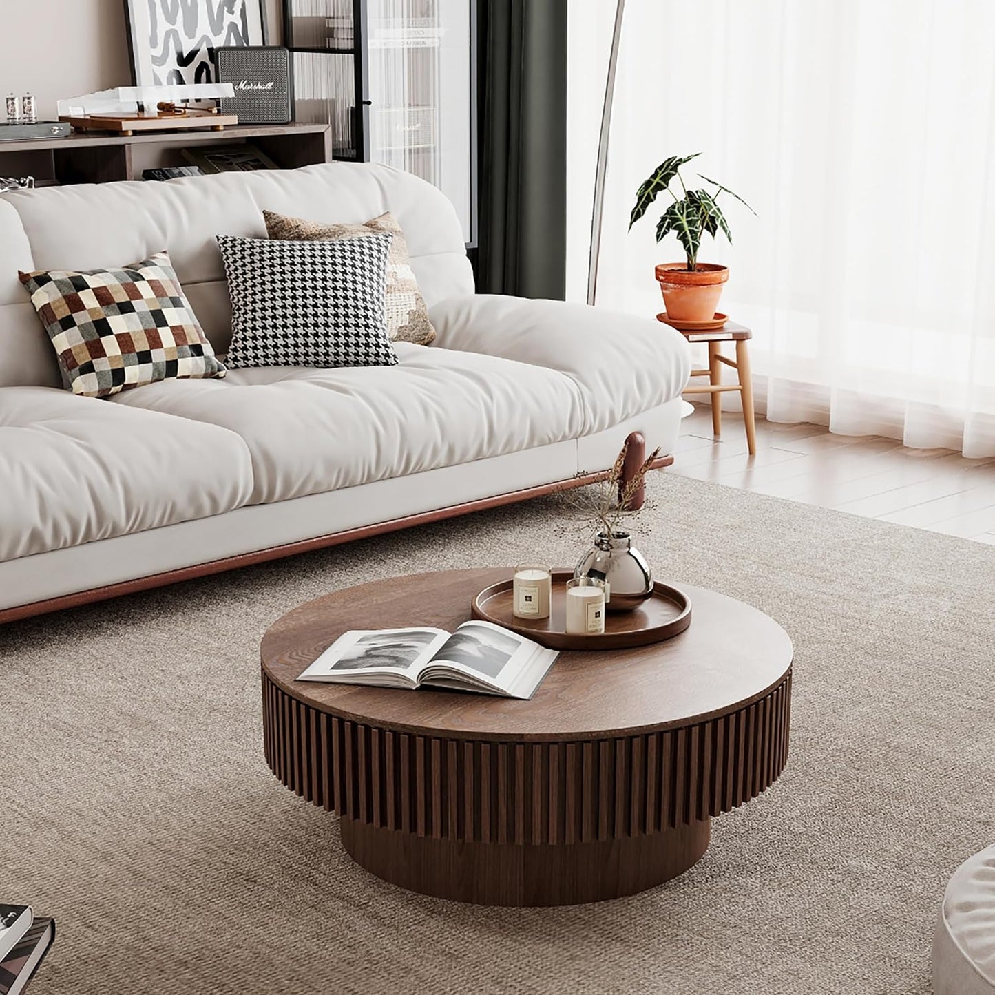 31.5" Round Coffee Table with Hidden Storage Compartment, Modern Handcraft Fluted Drum Coffee Table, Wooden Circle Center Table Cocktail Tea Table with Sturdy Pedestal for Living Room, Walnut