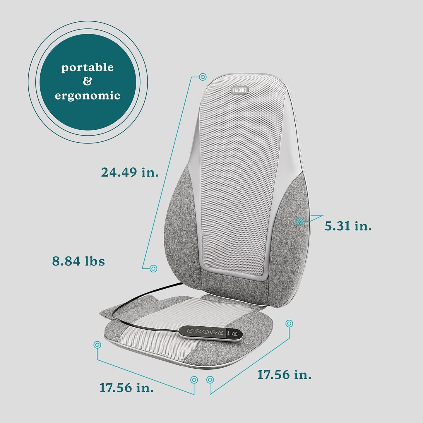 Homedics Shiatsu Back Massage Cushion with Heat, Deep Kneading & Vibration, Handheld Remote, Lumbar Vibration Waves, 3 Massage Zones, Upper, Lower,Full Back,Fits Most Chairs, Premium Fabric,Grey