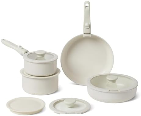 Amazon Basics Ceramic Nonstick Cookware Set with Detachable Handles, 11-Piece Stackable, All Cooktop Friendly, Oven-Safe, Dishwasher-Safe, Includes Saucepan, Frying Pan, Ivory