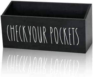 Pocket Treasures Holder, Laundry Room Organization, Magnetic Laundry Money Coin Caddy, Farmhouse Check Your Pockets Sign Bin Box Wall Mount, Laundry Storage Organizer Decor Container (Black)