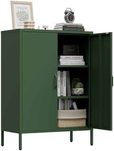 Metal Locker Storage Cabinet, Accent Sideboard Cabinet with Adjustable Shelves for Home Office, Garage, Kitchen, Living Room (Green, 40" H-Metal Doors)