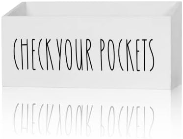 Pocket Treasures Holder, Laundry Room Organization, Magnetic Laundry Money Coin Caddy, Farmhouse Check Your Pockets Sign Bin Box Wall Mount, Laundry Storage Organizer Decor Container (White)