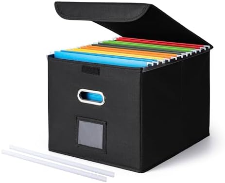 CADONO File Organizer Box with Lid, Large Hanging File Folder Organizer with Plastic Slide, Collapsible Portable Filing Storage Boxes for Office/Decor/Home (Black, 14.9 x 12.59 x 10.8 inch)