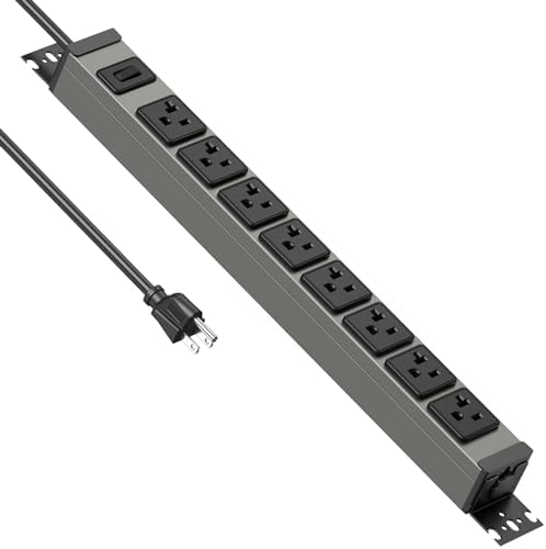 JUNNUJ Heavy Duty Power Strip Wall Mount, 20 Amp Surge Protector 1200J Metal 8 Outlet Under Desk Mounted 20A, Garage Power Table Socket Industrial Outlets 6-20R T-Slot, 6FT 12AWG Extension Cord