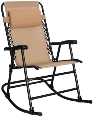 Amazon Basics Outdoor Portable Folding Rocking Chair with Headrest, Ergonomic Design, Weather-resistant Patio Reclining Lounge Chair for Porch, 33.6 x 37.4 x 26 inch, Beige