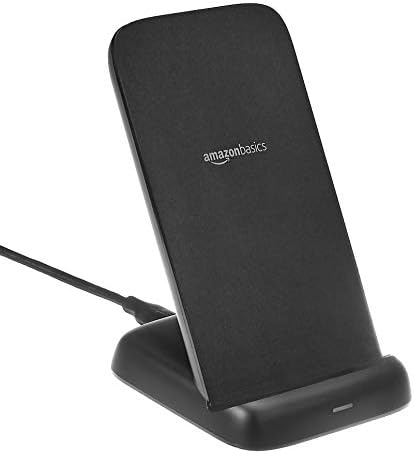 Amazon Basics Wireless Phone Charger Stand, 10W Qi Certified with USB Cable, Compatible with iPhone 16/15/14/13/12/11/X, Samsung & More, with USB Cable, Black (No AC Adapter)