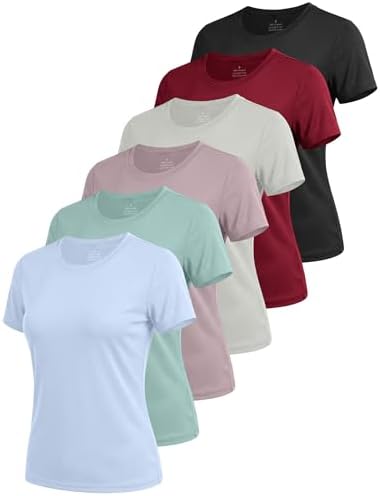 6 Pack Workout Tops for Women Short Sleeve UPF Sun Protection Athletic T Shirts Quick Dry Tennis Yoga Running Crew Neck Tee