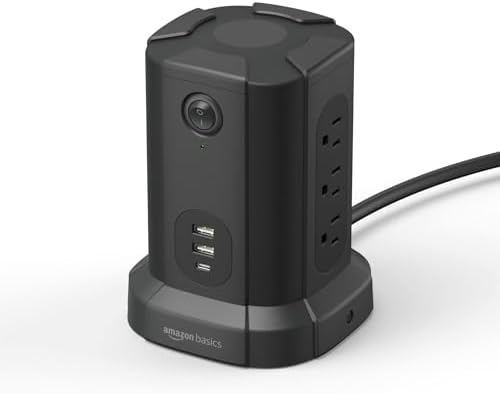 Amazon Basics Power Strip Tower Charging Station, Surge Protector 1080J, 9 Outlet with Integrated USB Charging Ports (2 USB-A and 1 USB-C), Space Saving, 15A, 6ft Cord, Black