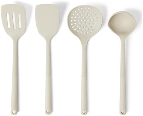 Amazon Basics Silicone Cooking Spoon and Ladle Set, 4-Piece Set, Soft Grip Handle, BPA-Free, Dishwasher-Safe, Linen Gray