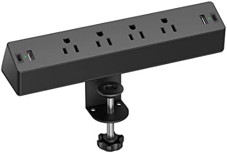 Desk Clamp Power Strip, Flat Plug Fast Charging Station, Desk Mount Surge Protector with PD 20W USB C Ports, Fit 1.7 inch Tabletop Edge Thick, Desktop Outlets for Home Office.