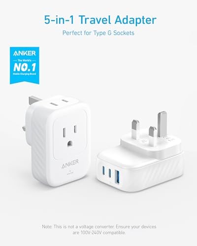 Anker Travel Adapter, Type G Adapter for Travel, US to UK Plug Adapter International Travel Essentials, 2 AC, 1 USB A, 2 USB C for 15W, Compact for iPhone, iPad, England, Ireland, TUV Listed