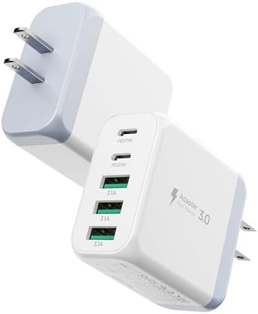 EIZLXQ USB C Charger Block,50W 5-Port Fast Wall Charger,Dual Type-C & USB-A Multiport Charging Cube for iPhone 17/16/15/14/13 Pro Max,iPad,Samsung Galaxy–2 Pack,White