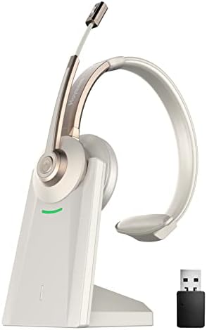 Bluetooth Headset, Wireless Headphones with Microphone Noise Canceling & USB Dongle, V5.0 Trucker Bluetooth Headset with Mic Mute & Charge Dock for PC/Laptop/Phone/Meeting/CallCenter/Office Gold