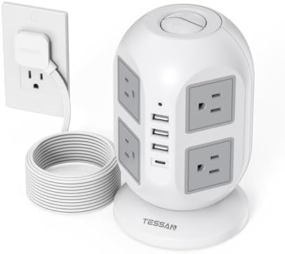 TESSAN Tower Power Strip 10 ft, Long Flat Extension Cord with Multiple Outlets, 8 AC Outlets with 4 USB Ports (1 USB C), Charging Station with, for Home Office Dorm