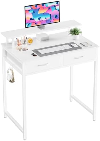 DUMOS 31.5" x 19.7" Compact Computer Desk with Monitor Stand and 2 Drawers, Small Writing Desk with Drawers for Home Office, Study Table for Small Spaces, White
