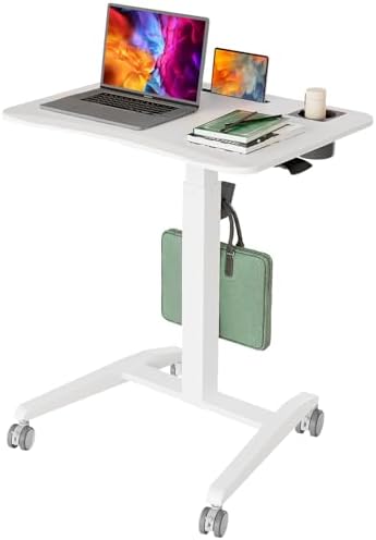 Gibbon Mounts Mobile Standing Desk, Height Adjustable Rolling Laptop Desk, 27 inches Portable Sit Stand Desk with Wheels and Hook, Pneumatic Computer Table, White