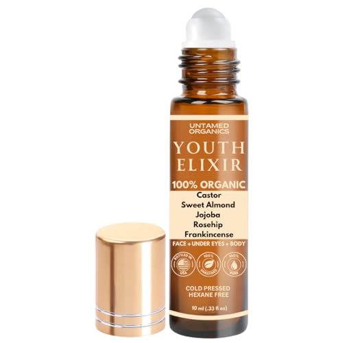 Untamed Organics Youth Elixir - Roll On Facial Serum For Under Eyes and Face with Certified Organic, Cold Pressed, Hexane Free Castor, and Frankincense Oil - Miracle Anti-Aging Oil 10mL