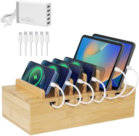 Bamboo Charging Station Organizer, Multi-Device Charging Dock with Cable Management, Phone Tablet Stand for Home Office, 5-Port USB Charger & 6 Cables Included