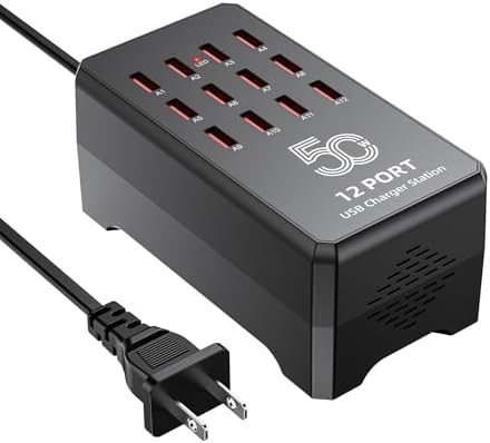 50W 12-Port USB Charging Station for Multiple Devices,Portable USB Charging Hub Compatible with iPhone, Android,Tablet and More-Compact Charger Block for Home, Office & Entrepreneur