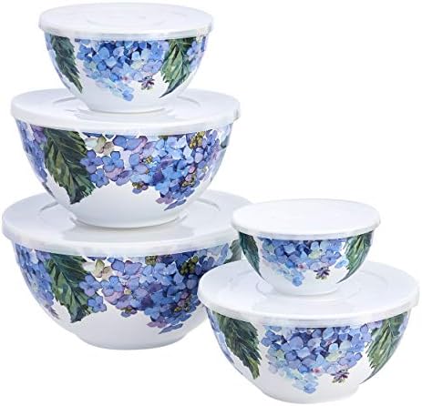 Amazon Basics Mixing Bowls with Lids, Nesting Melamine Serving Bowls, Non-Slip Base, BPA Free, Dishwasher Safe, 5 Sizes, Hydrangea Floral, Set of 10