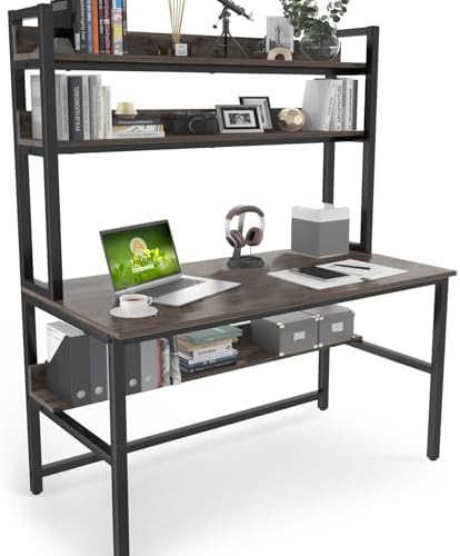 Aquzee Desk with Hutch Bookshelves, Computer Desk with 3 Tiers Storage Shelves, Space Saving Design Black Metal Legs Desk with Grey Board, Easy Assemble